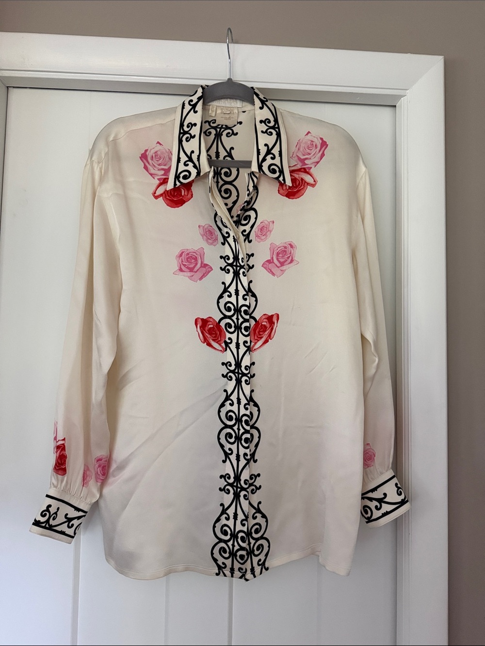 Cream Floral Button-Up Blouse with Black Scroll Trim
